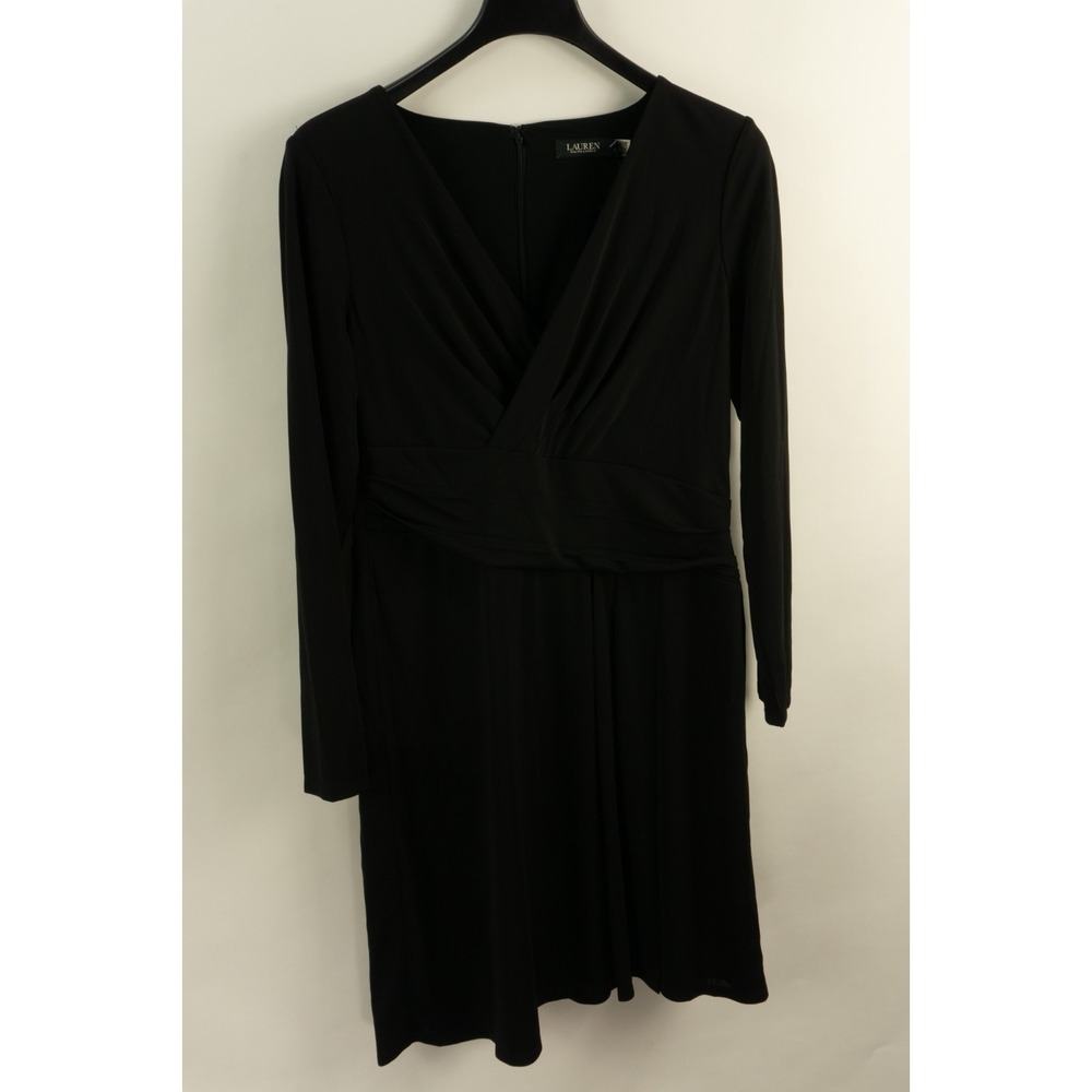 $145 Lauren Ralph Lauren Jersey Long-Sleeve Surplice Knee Dress Women's 14 Black